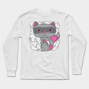 Doodle Raccoon Dark Grey Pink Colour with Doodle Background Long Sleeve T-Shirt